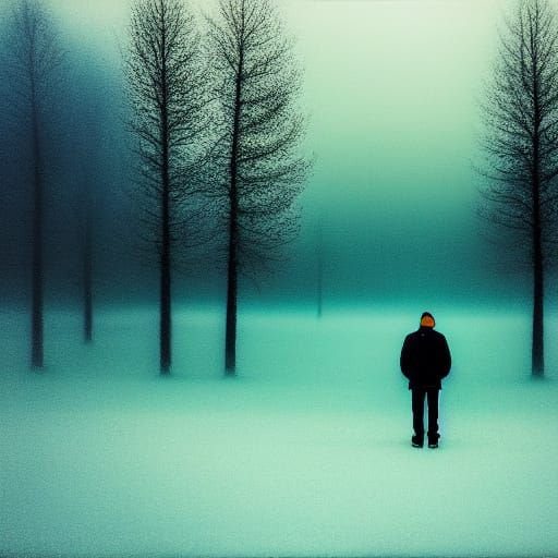 Eerie Surrealism: Solitary Figure in Bleak Landscape