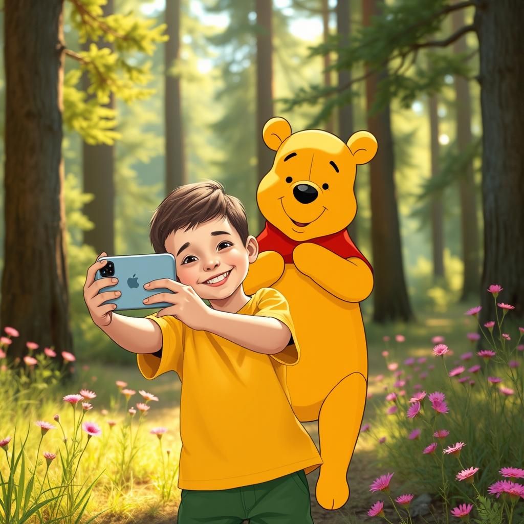 Boy and Winnie the Pooh Selfie in Forest