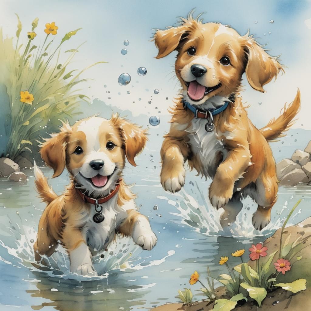 Puppies Playing in Water, Storybook Illustration
