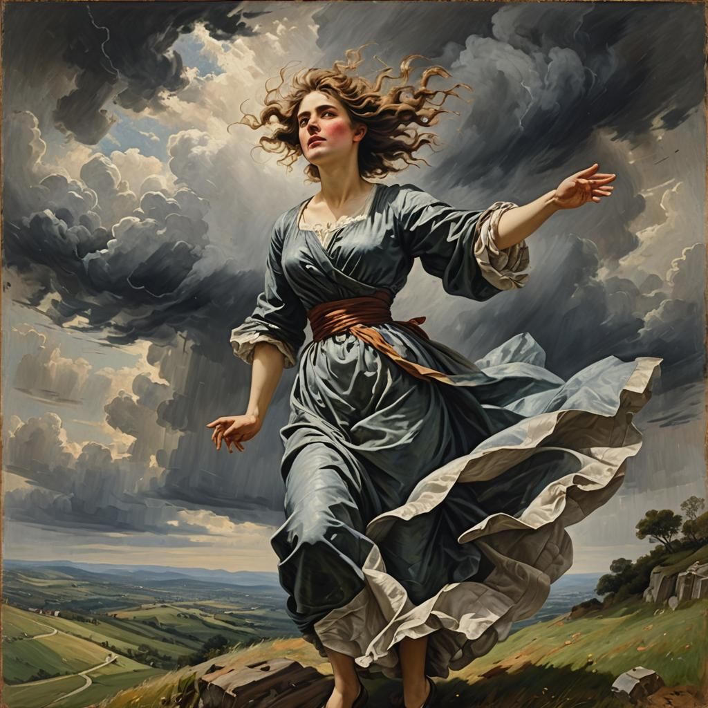 Woman on Windy Hilltop as Impasto Painting