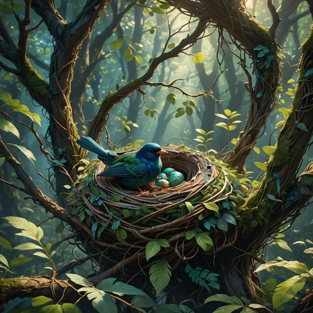 Mother Bird Weaving Nest in Lush Forest