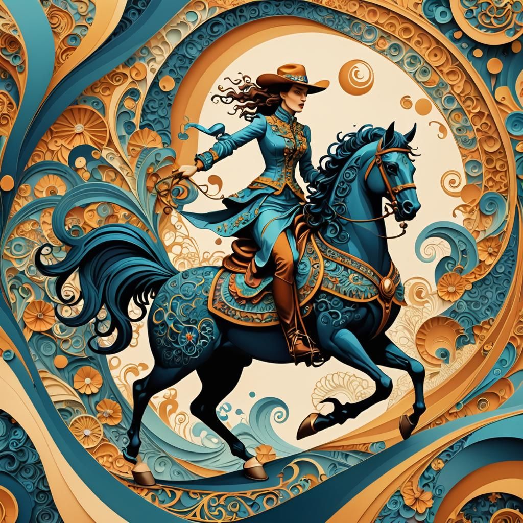 Cowgirl Rides Rooster in Salvador Dali Style