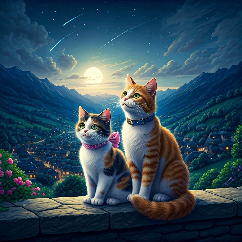 Cats Watch Comet Over Valley Town in Whimsical Style