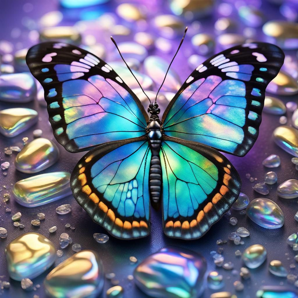 Iridescent Butterfly on Opal: Photorealistic Close-Up