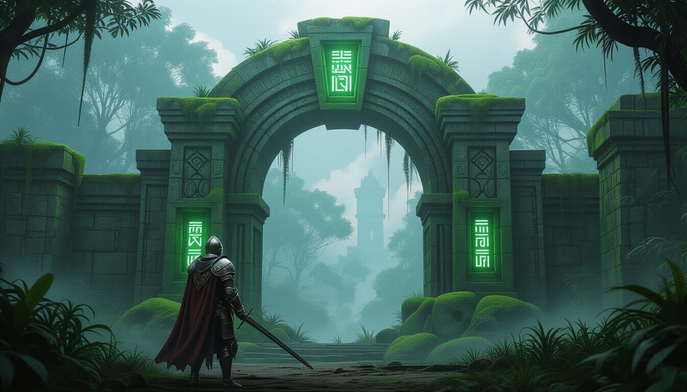 Knight Before Ancient Jungle Archway in Matte Painting Style