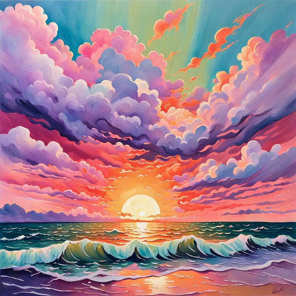 Flaming Sunset Over Ocean Gouache Painting