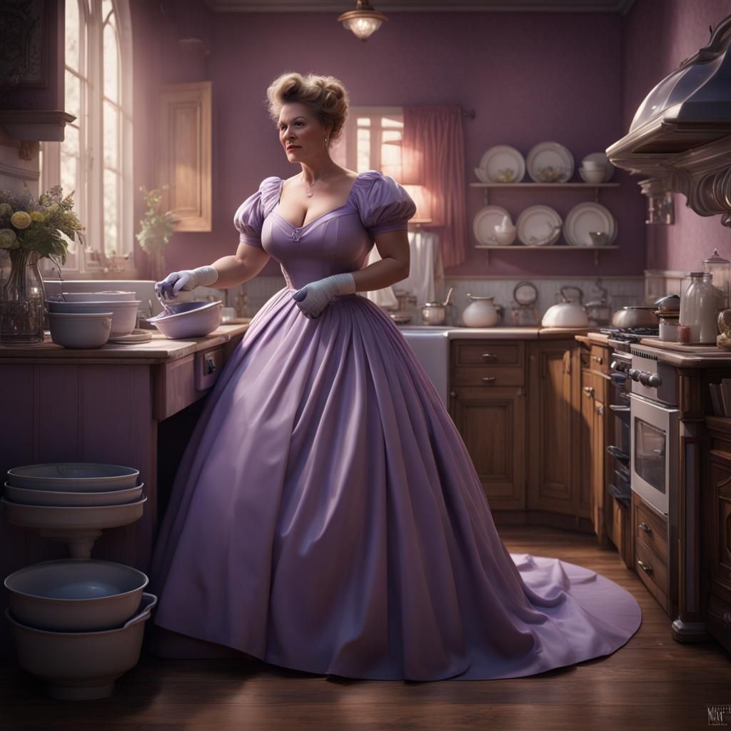 Curvaceous Woman in Lilac Gown Washing Dishes