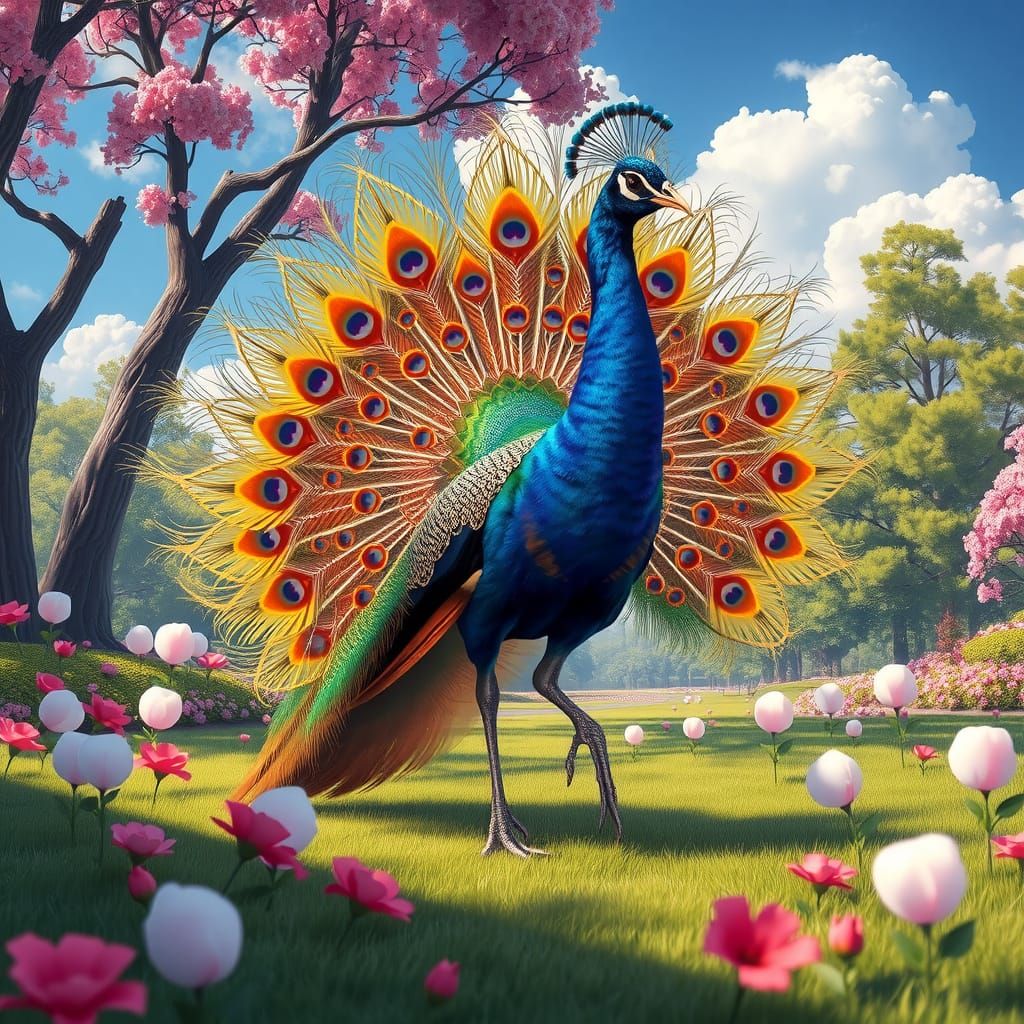 Majestic Peacock in Whimsical Parkland