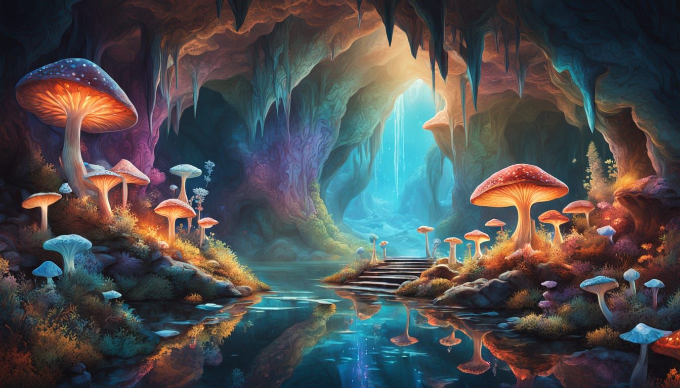 Crystal Cave with Bioluminescent Fungi and Musical Light