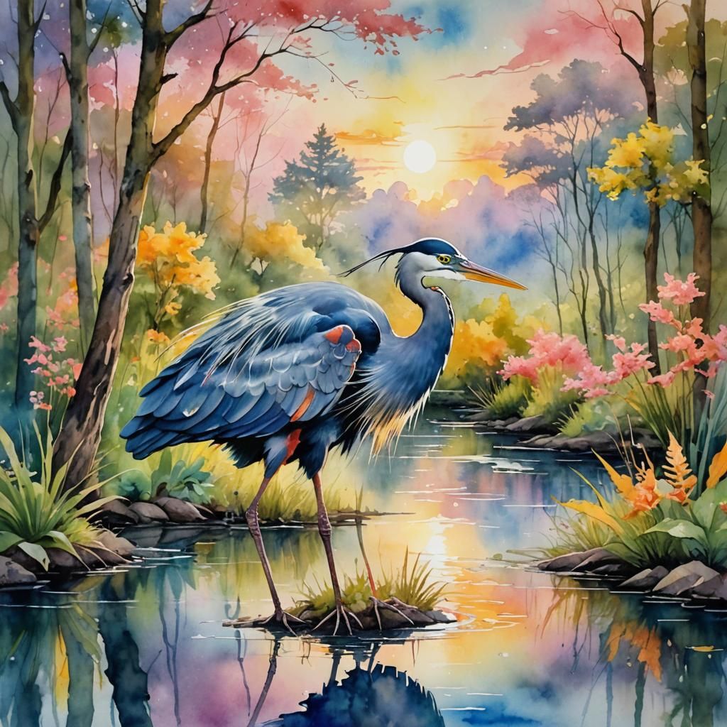 Watercolor Blue Heron in Canal-Side Paradise