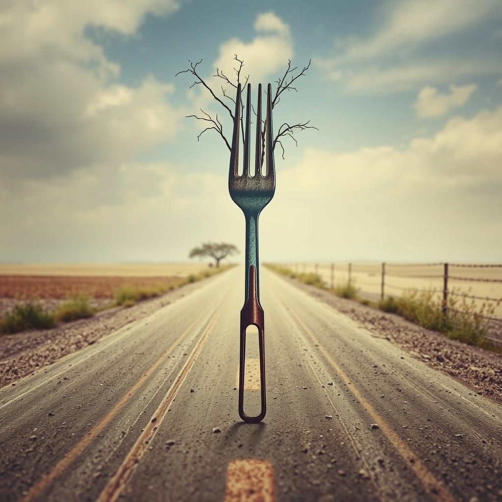 Surrealist Landscape with Rusty Fork at a Crossroads