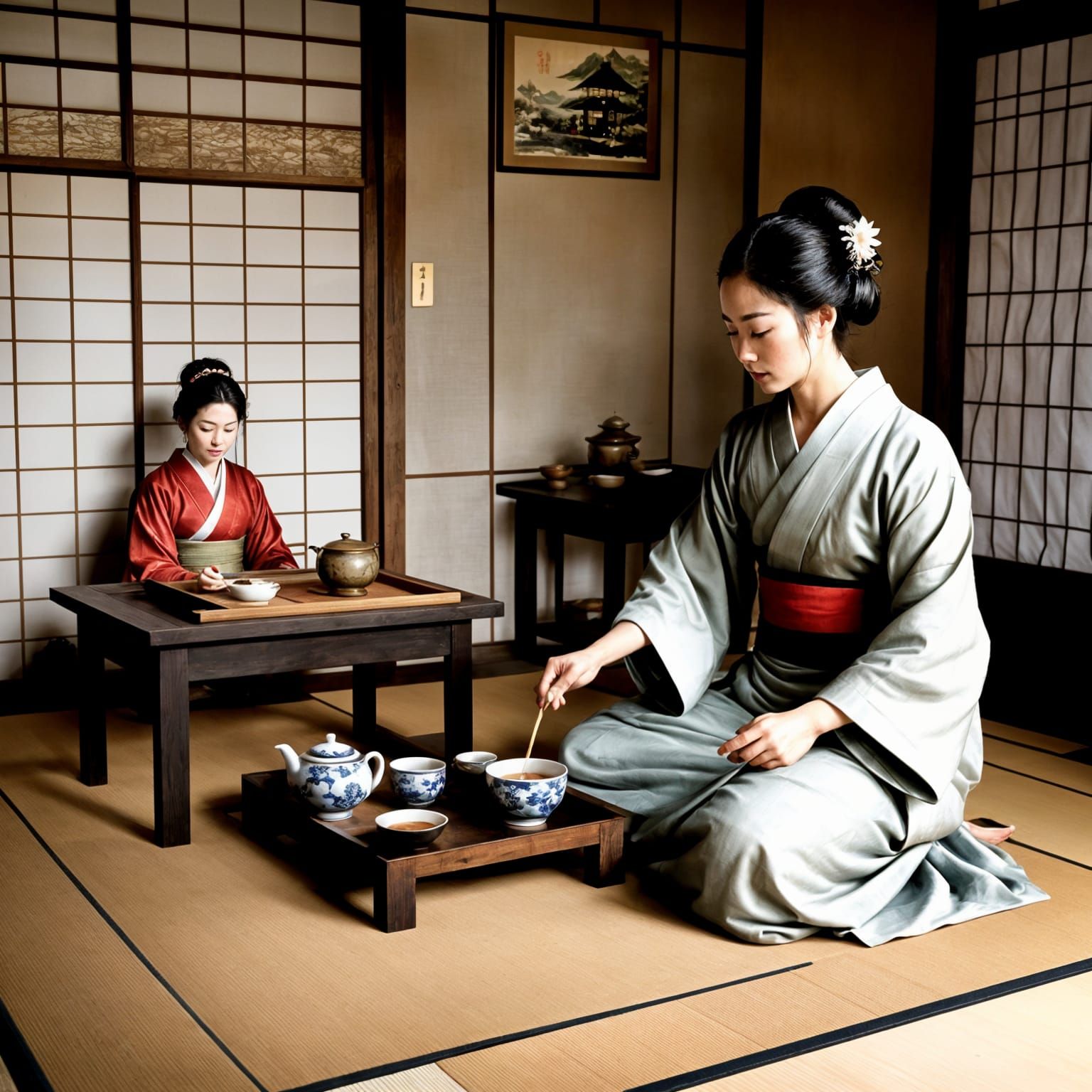 Traditional Japanese Tea Ceremony in Serene Atmosphere