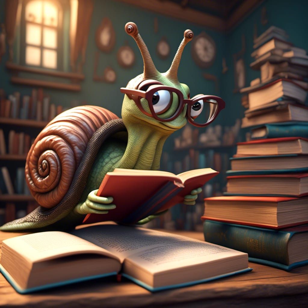 Epic Cartoon Snail Reading a Book
