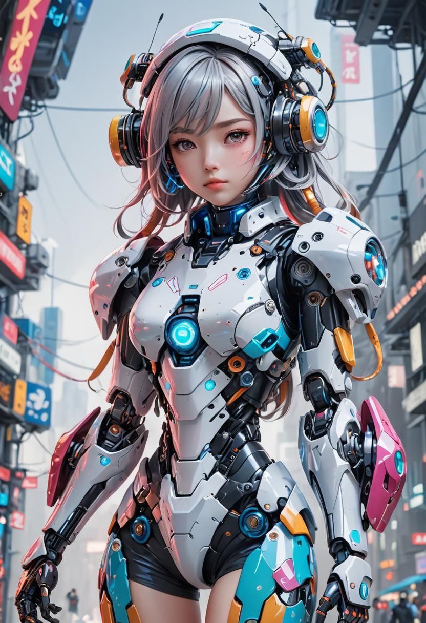 Hyperrealistic Girl in Futuristic Robotic Cloth: 3D Anime Ar...