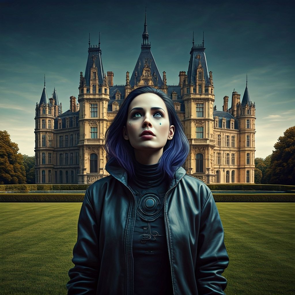 Cyberpunk Traveler and Medieval Castle