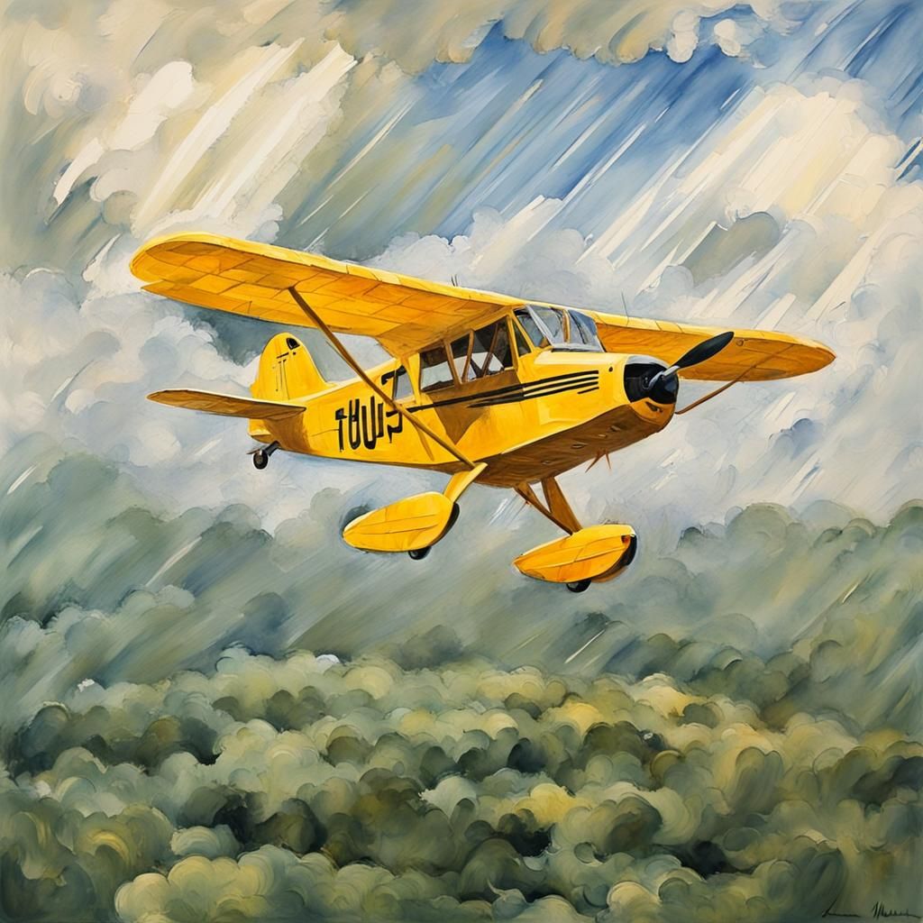 Painting of a Piper Cub aircraft in flight.
