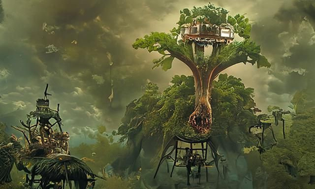 Surreal Restaurant in Giant Tree, Dark Fantasy Style