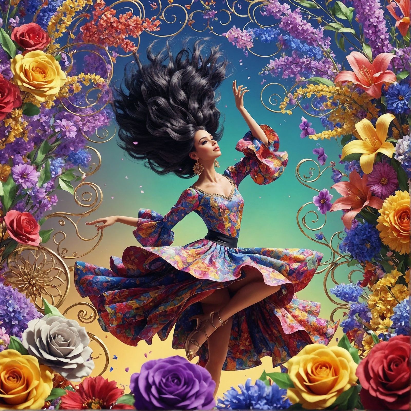 Animated Hispanic Dancer Surrounded by Flowers