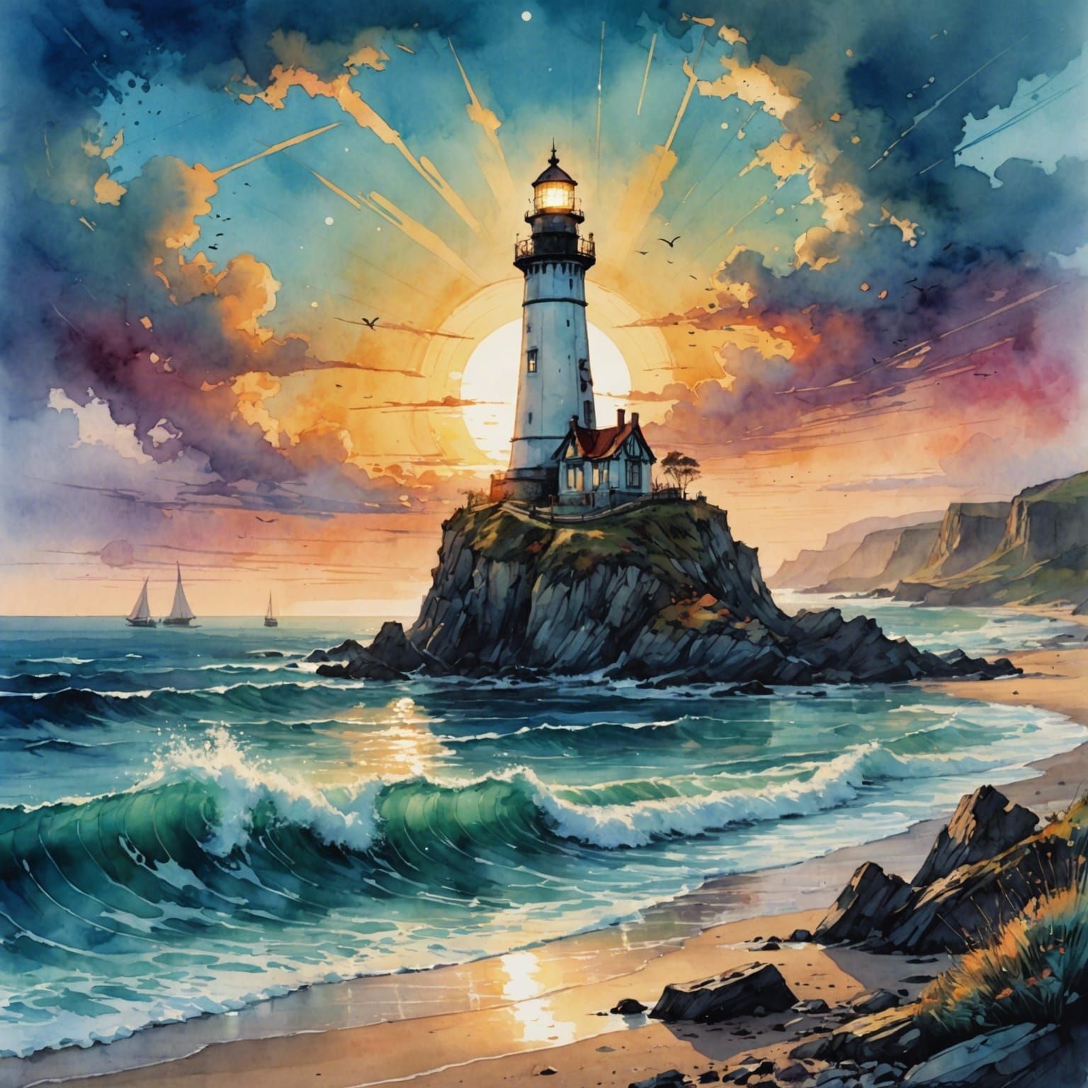 Majestic Elven Lighthouse at Fantasy Beach Sunrise