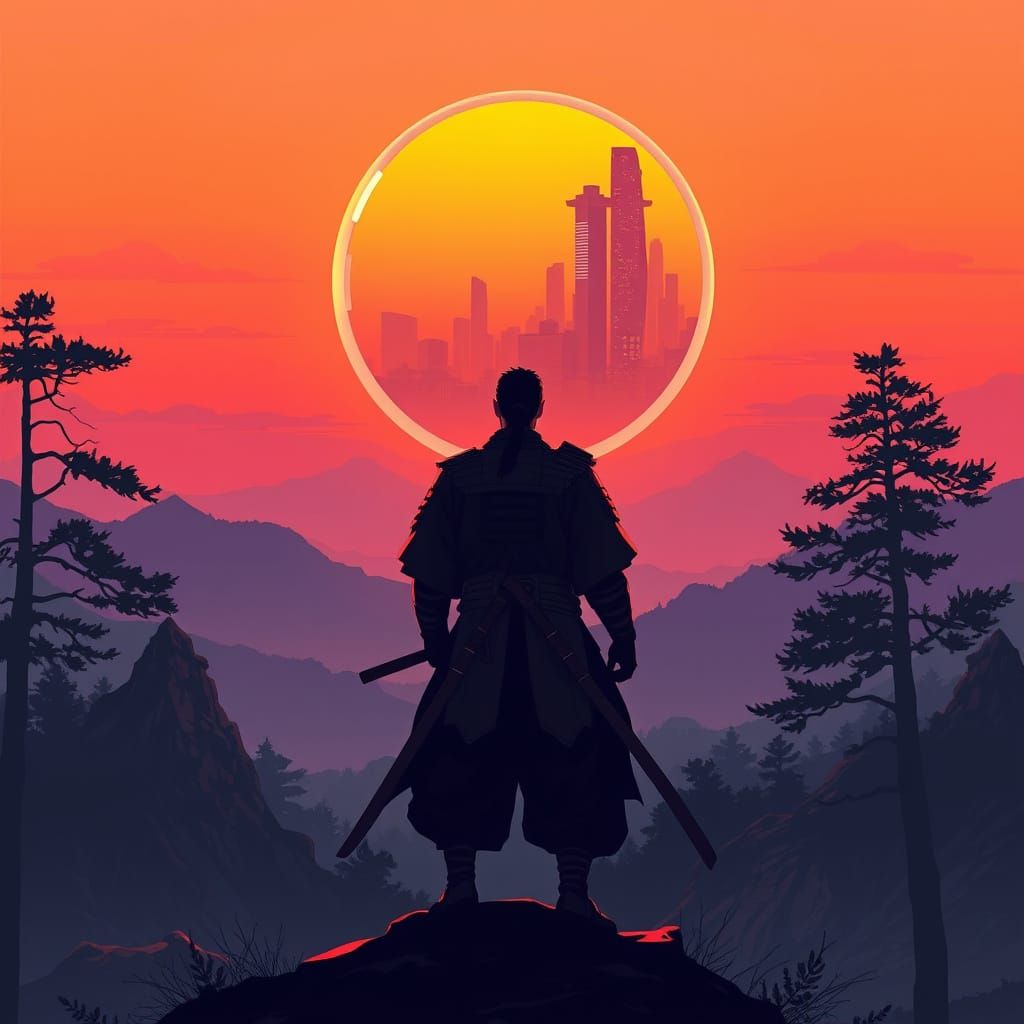 Ethereal Samurai Warrior Stands at Sunrise in Cyberpunk Port...