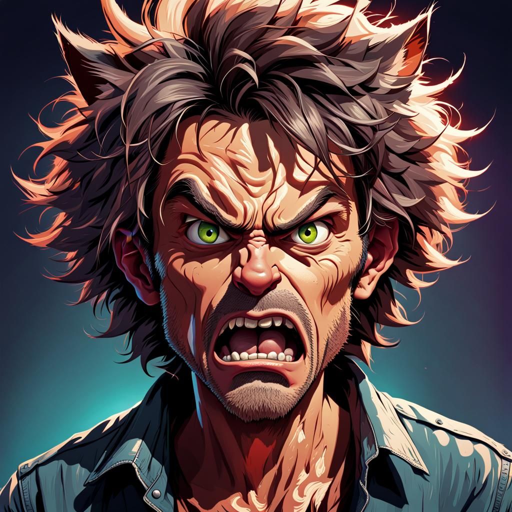 Furious, Disheveled Man in a Skinned Cat's Grimace, Hyper-De...
