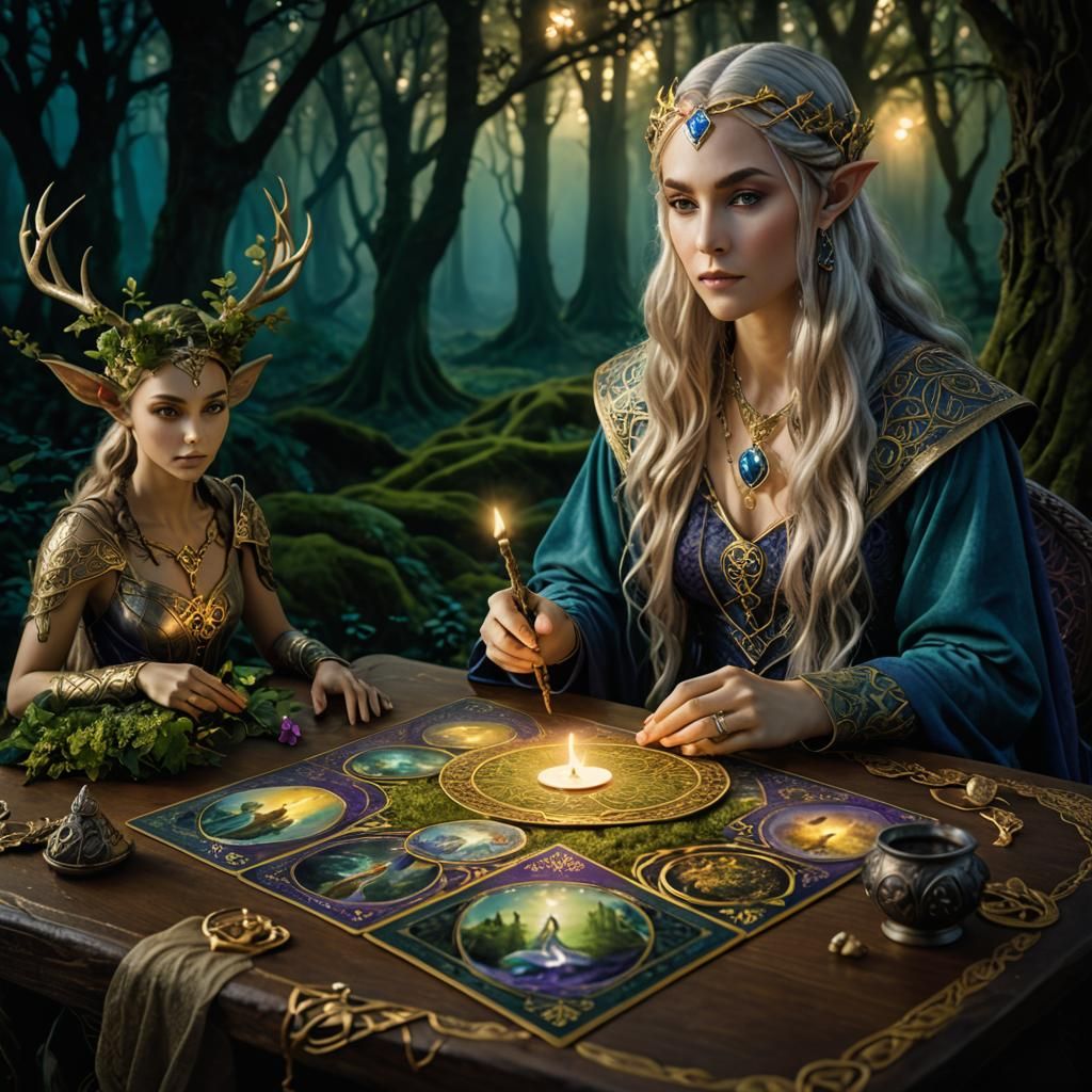 Mystical Elf Tarot Reader in Symbolic Style