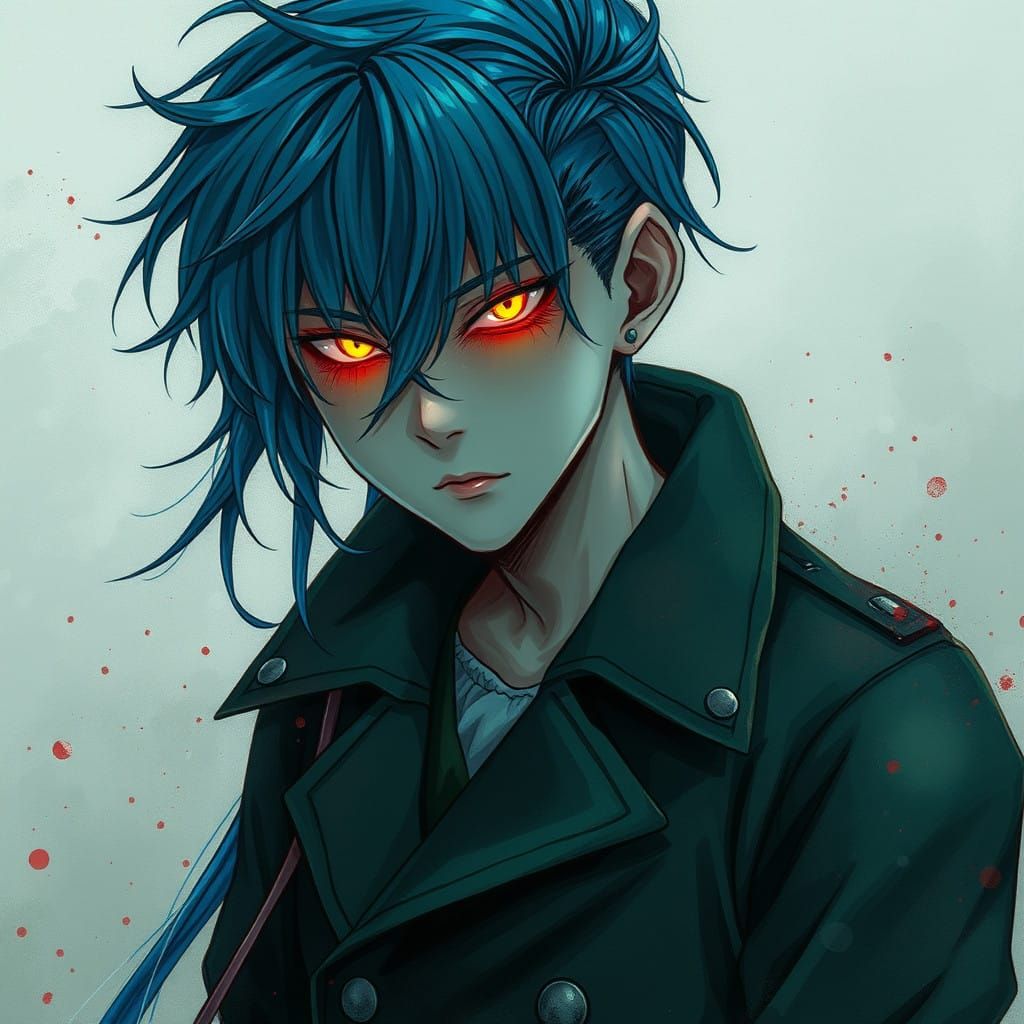 Surreal Young Man in Dark Green Trench Coat with Glowing Rai...