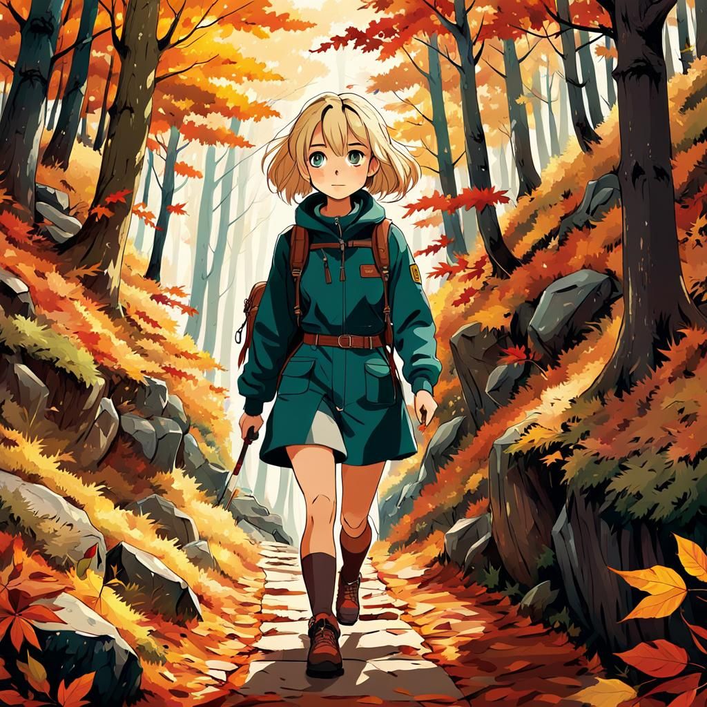 Girl Hiking in Autumn Forest, Studio Ghibli Style