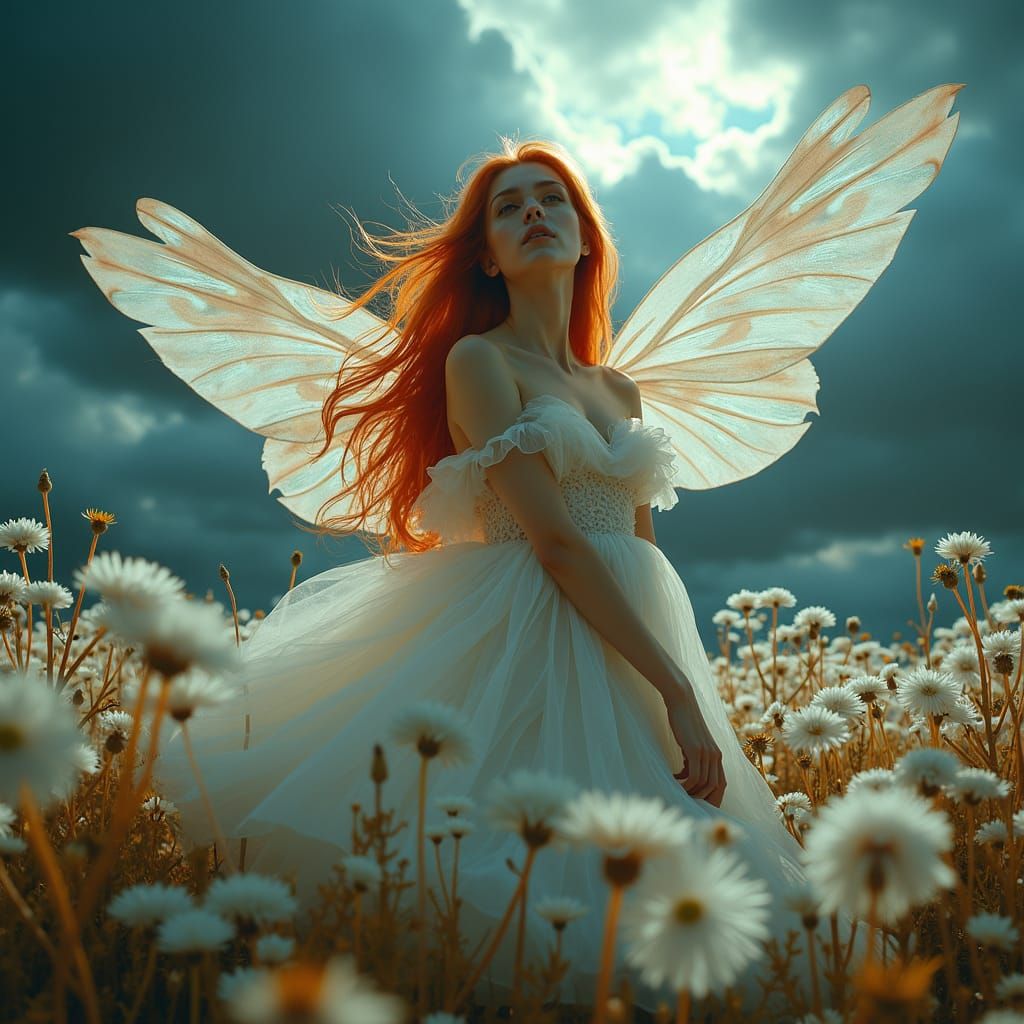 Fairy in Surrealist Dreamscape with Ghostly Flowers