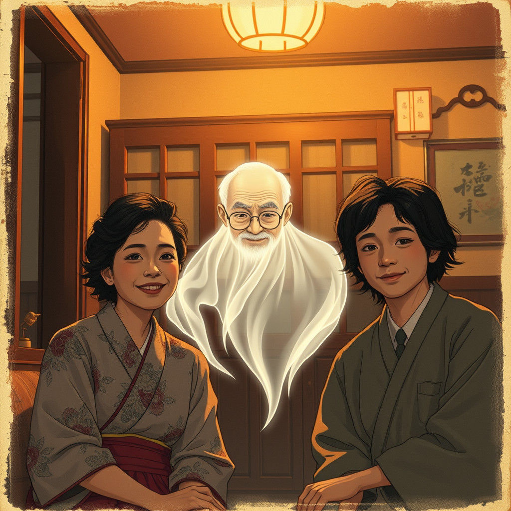 Ghostly Grandfather Appears in Anime-Style Family Photo