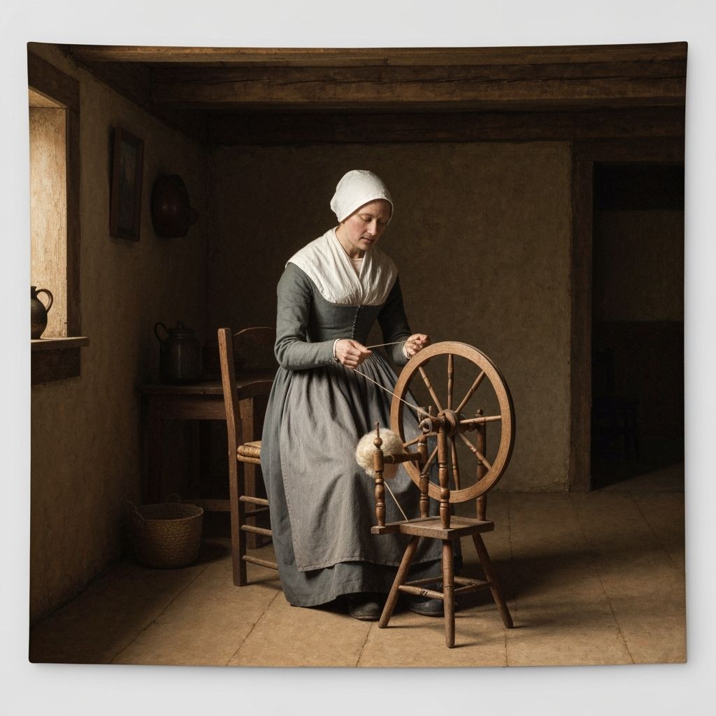 Puritan Housewife Spinning Wool, Vermeer Style
