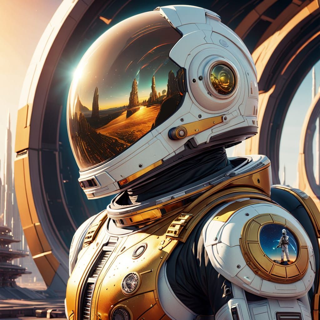 Astronaut Before Cosmic Gateway in Retro-Futuristic Style