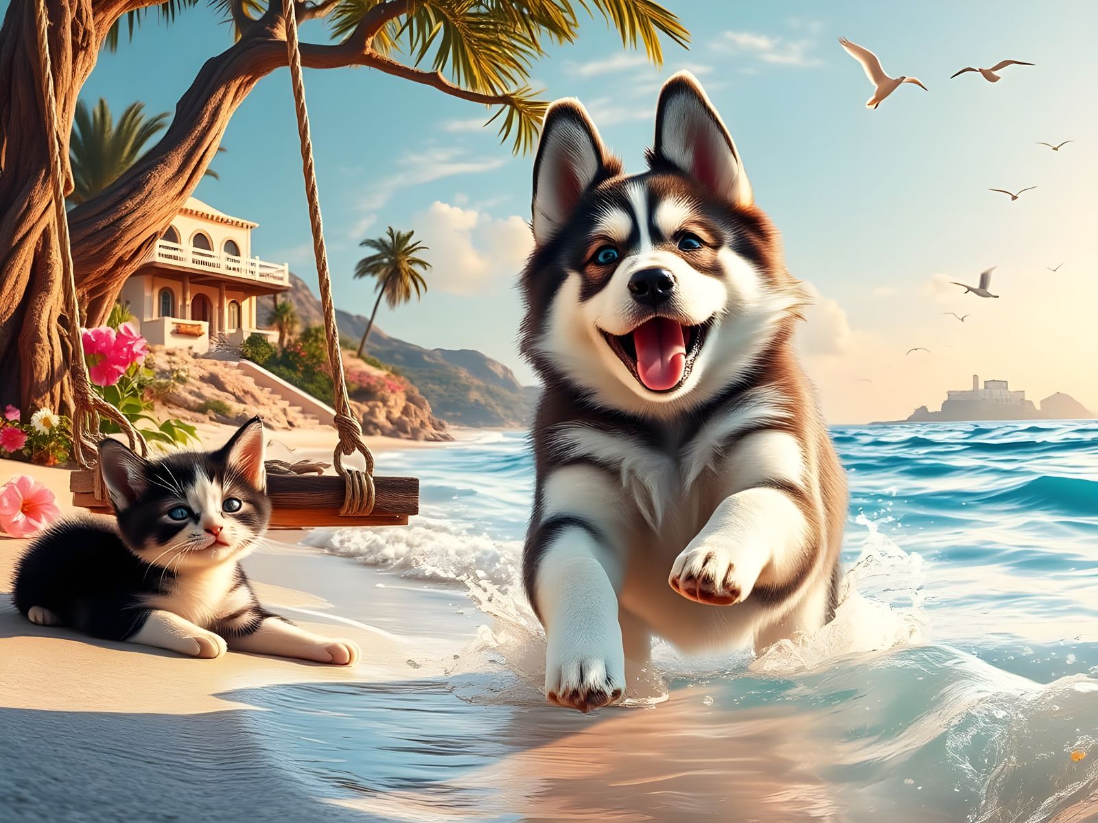 Joyful Siberian Husky Puppy Runs Along Mediterranean Beach