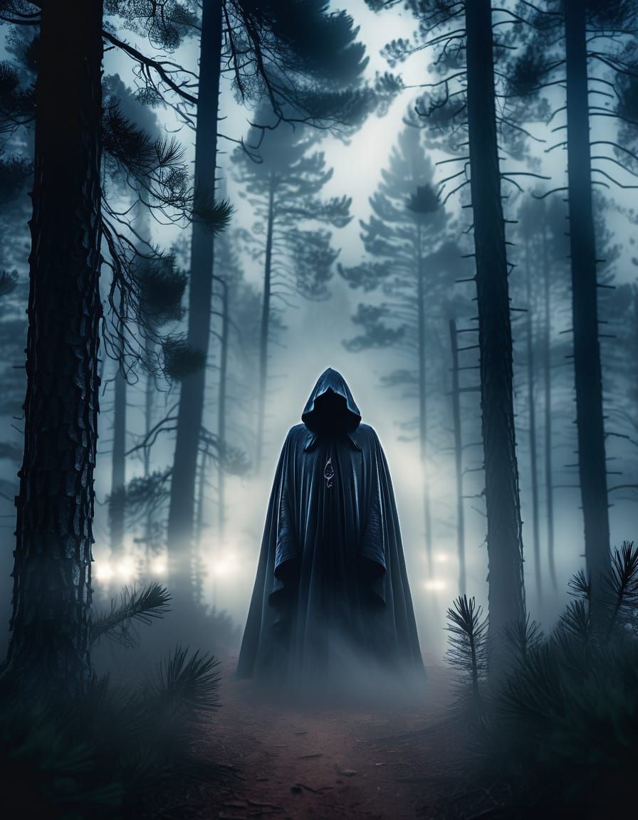 Mysterious Cloaked Entity in Dark Fantasy Forest