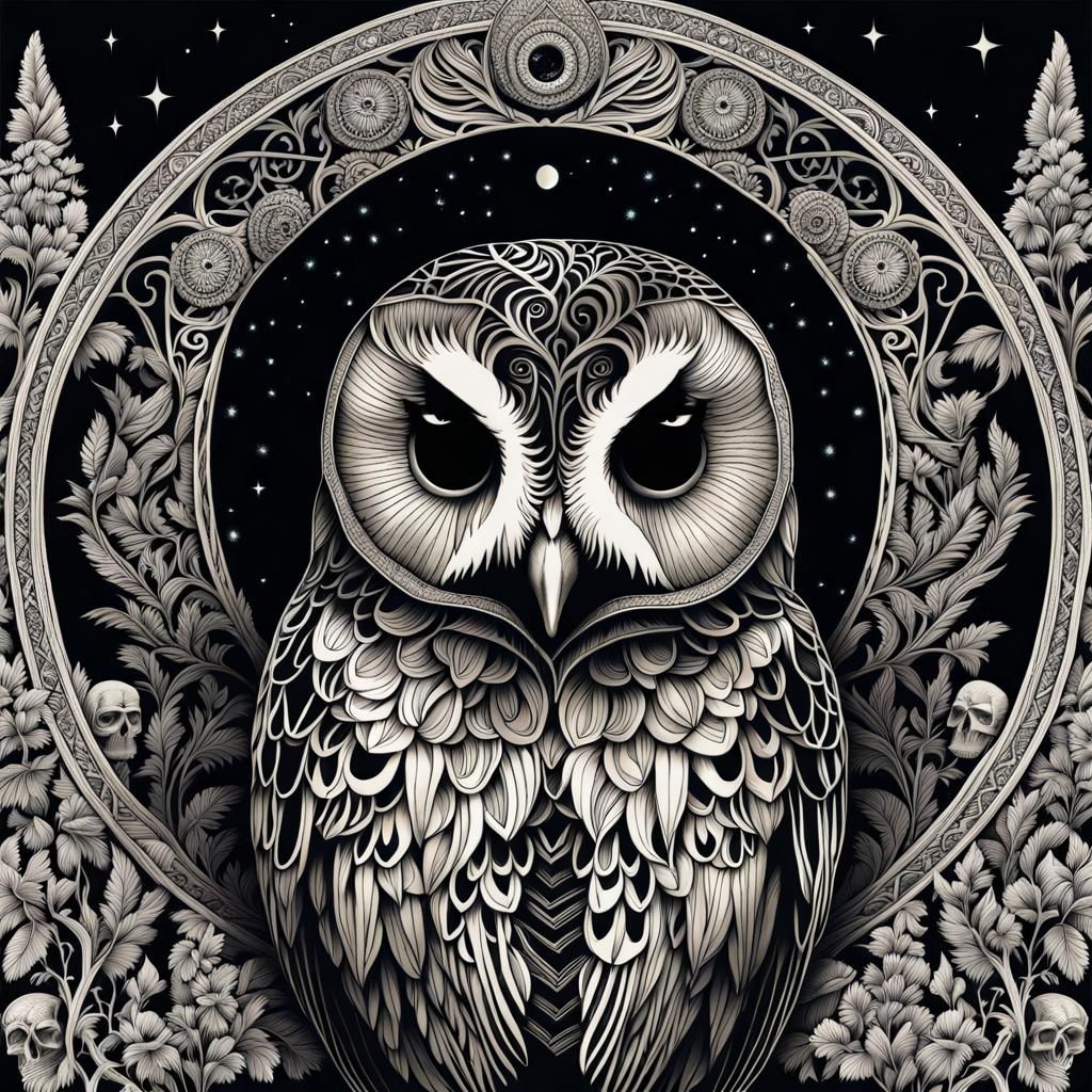 Ural Owl Portrait with Skull in Ink Drawing Style