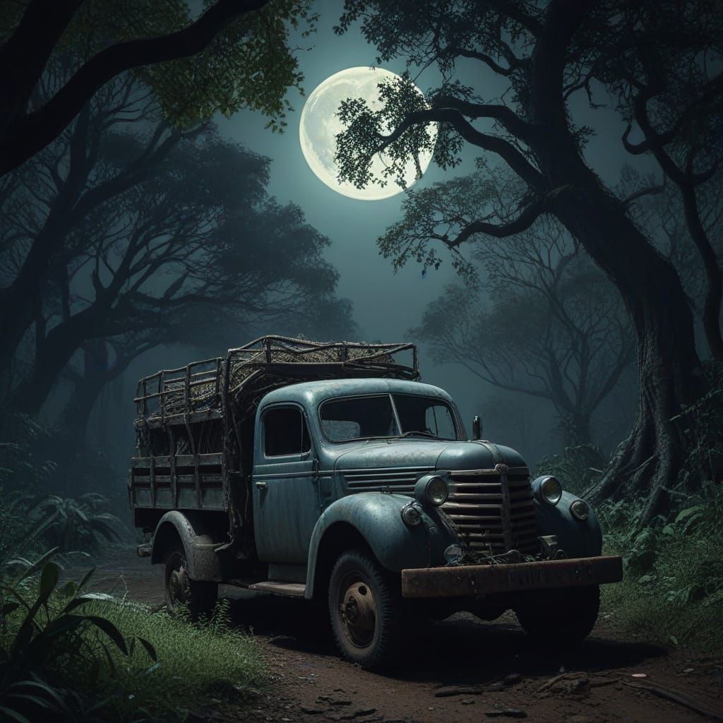 Haunted Vintage Truck in African Jungle Under Full Moon