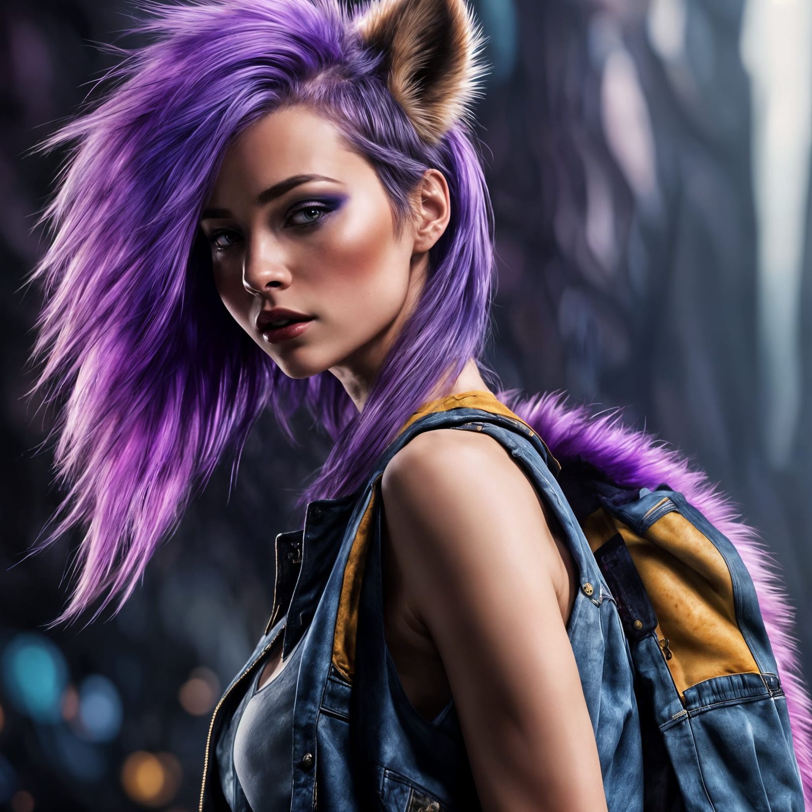 Realistic Digital Art of a Purple-Haired, Denim-Wearing, Ani...