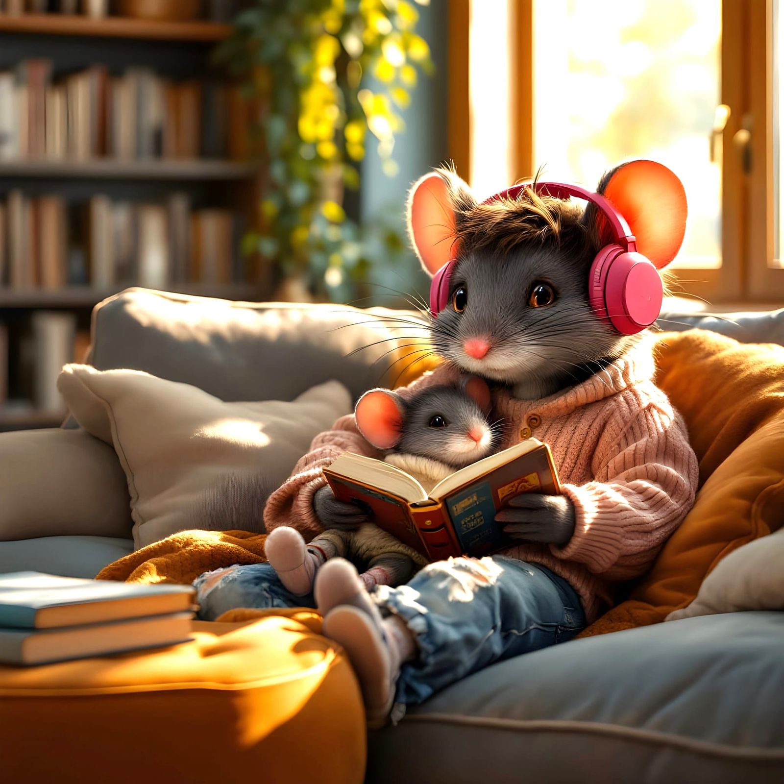 Mouse Lounging in Minimalist Room, Fashion Illustration