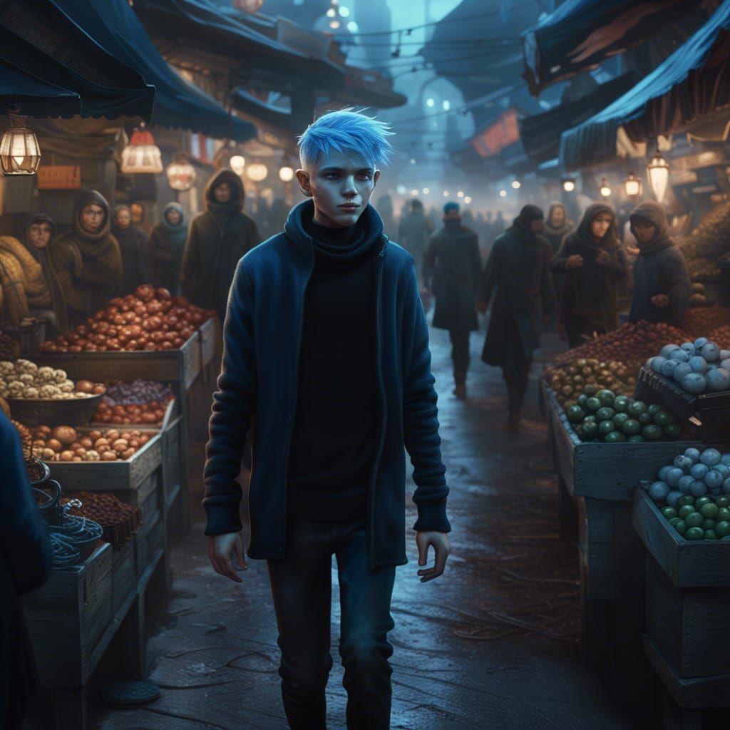 Creepy Boy in Crowded Market: Dark Fantasy Concept Art