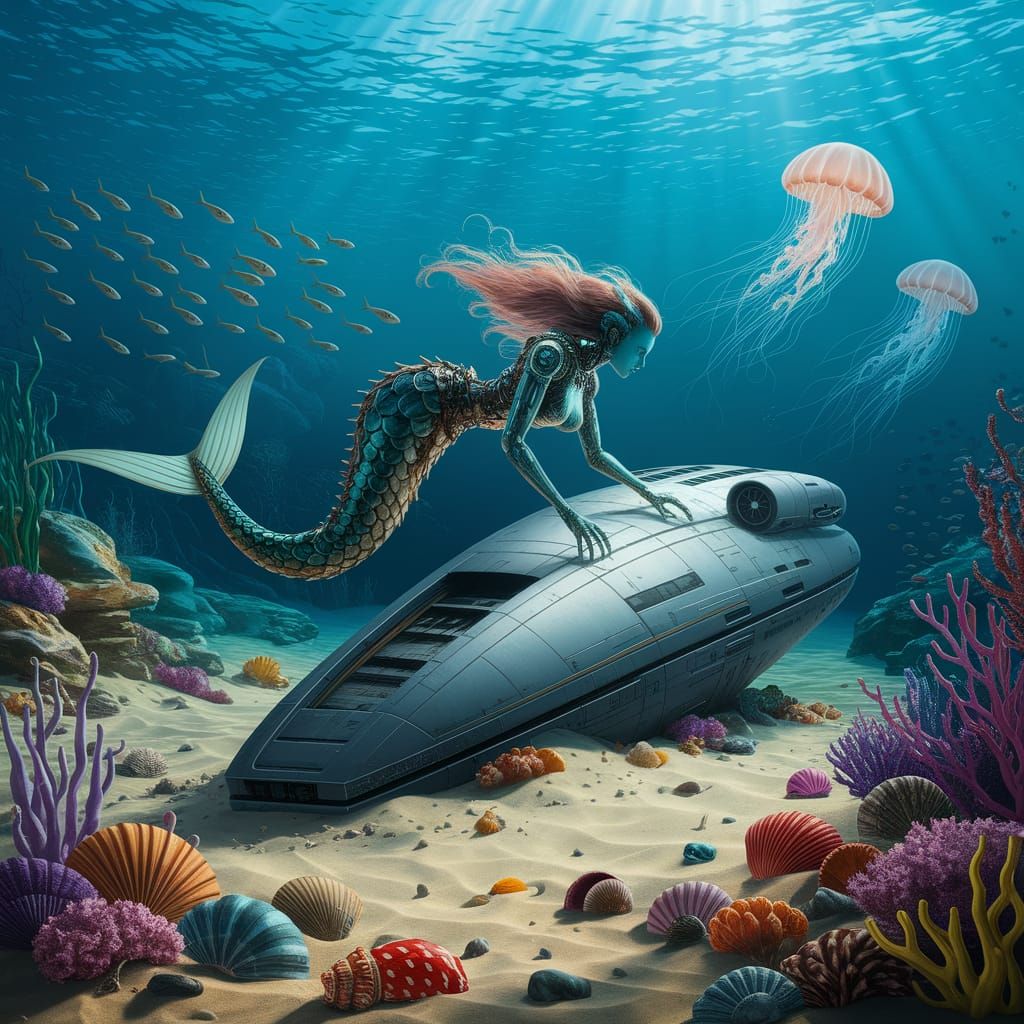 Biomechanical Mermaid Exploring Sunken Starship