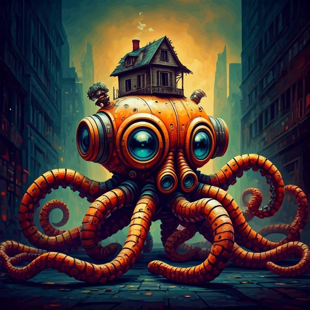 Steampunk Robot Octopus with Victorian House, Graffiti Art