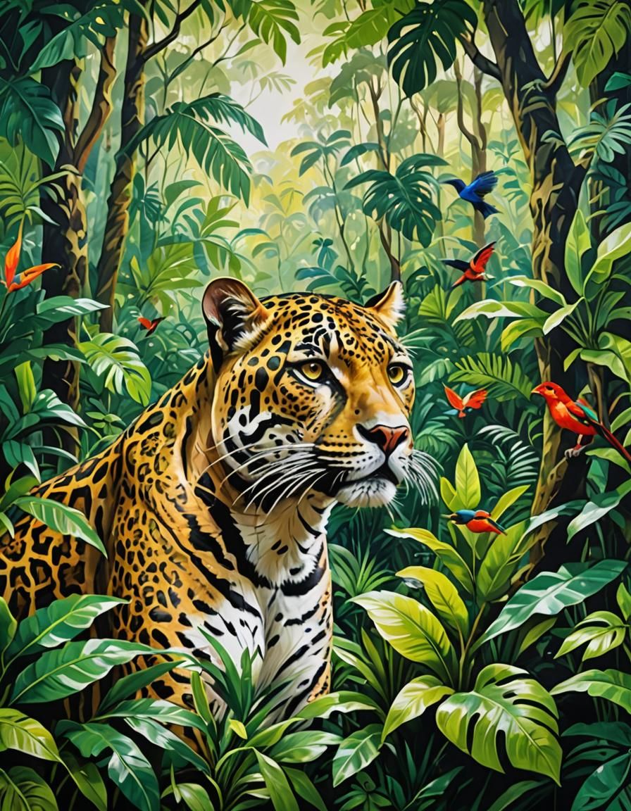 Painting in an innocent amateur basic, thick brush strokes style, mural of a Beautiful languid green lush rainforest wit...