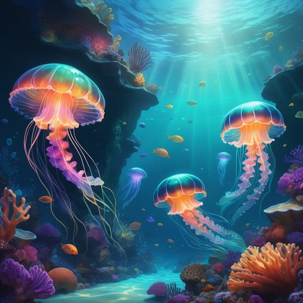 Ocean Creatures Near Coral Reef in Oil Painting Style