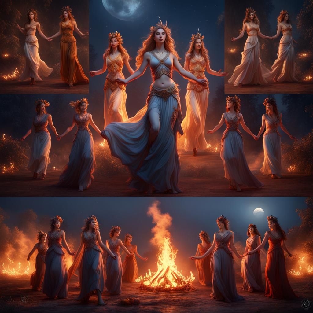 Muses Dancing Around Fire in Moonlight