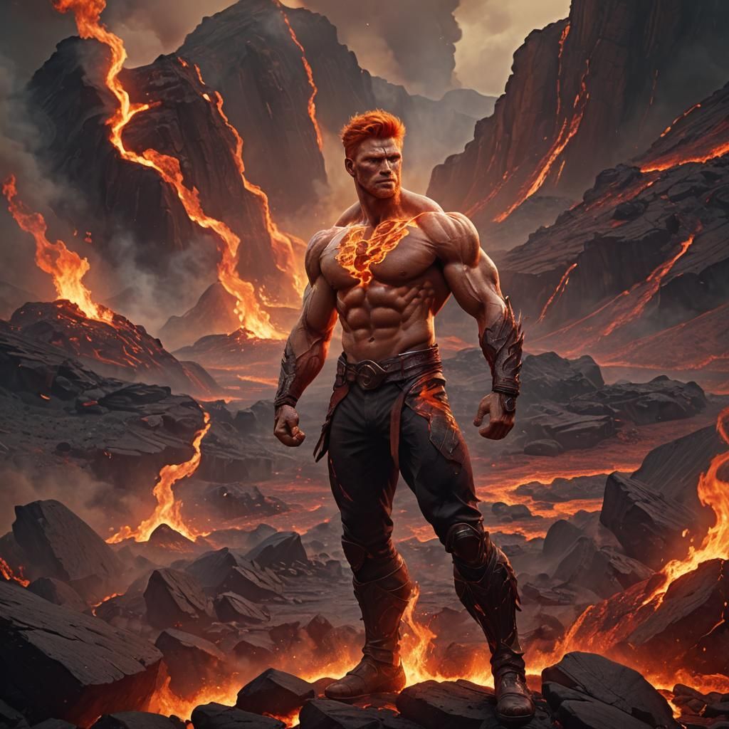 God of Fire in Volcanic Landscape, Painterly Style