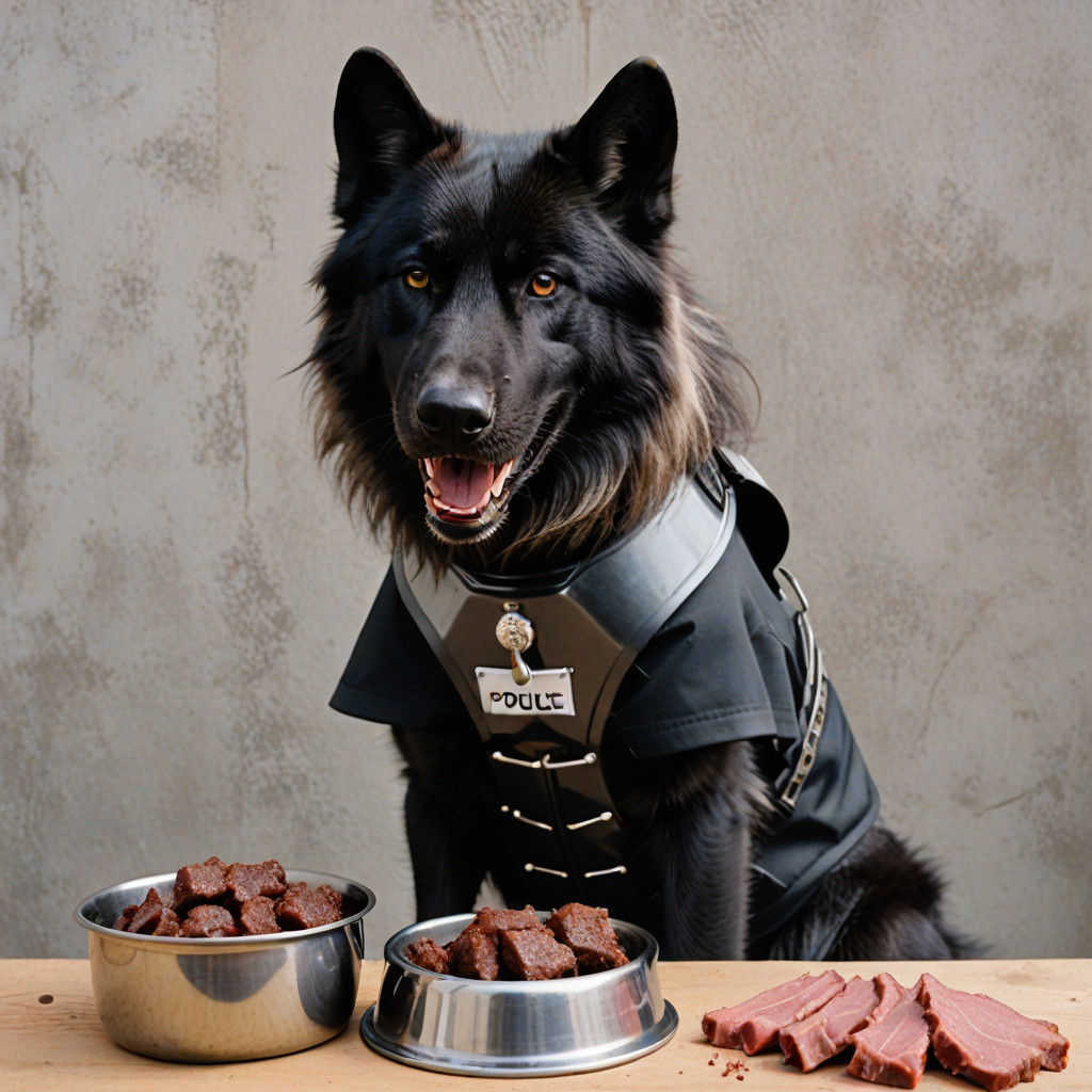 Wolf in Police Vest Enjoying Meat Chops