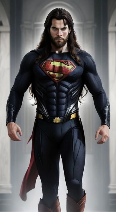 David Corenswet with a 2 day beard, and long hair, wearing Black and Silver SuperMan suit.