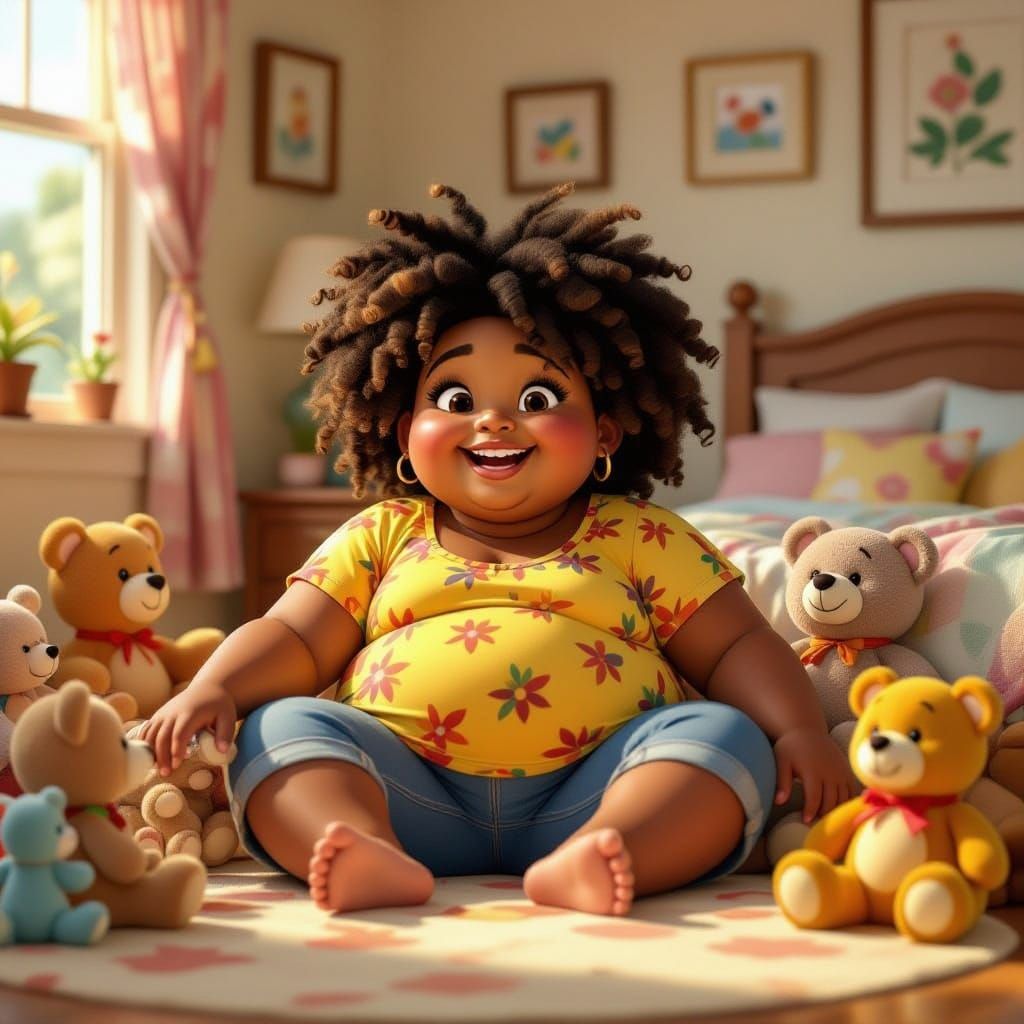Child Surrounded by Stuffed Animals in Pixar Style