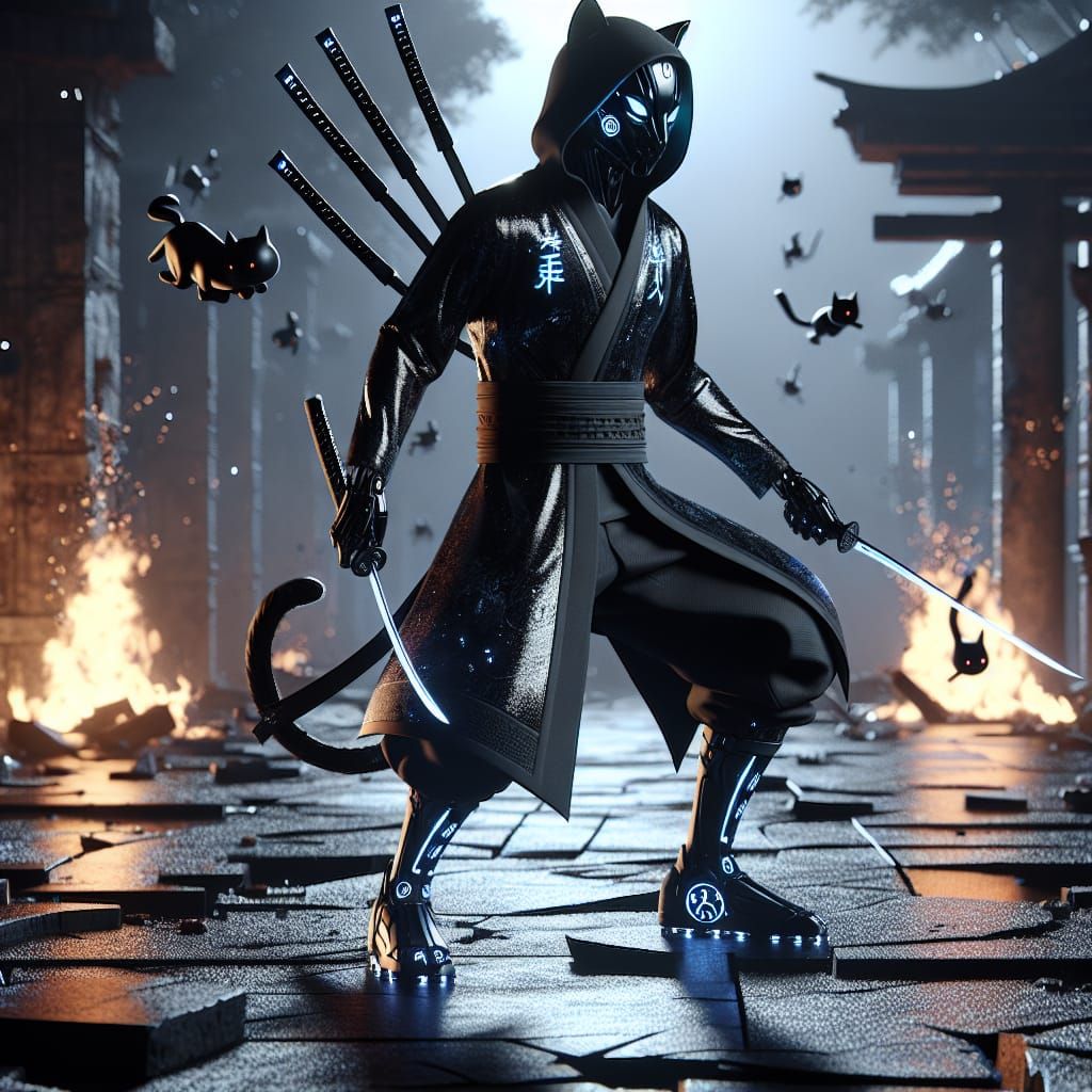 Cybernetic Cat Ninja in Burning City