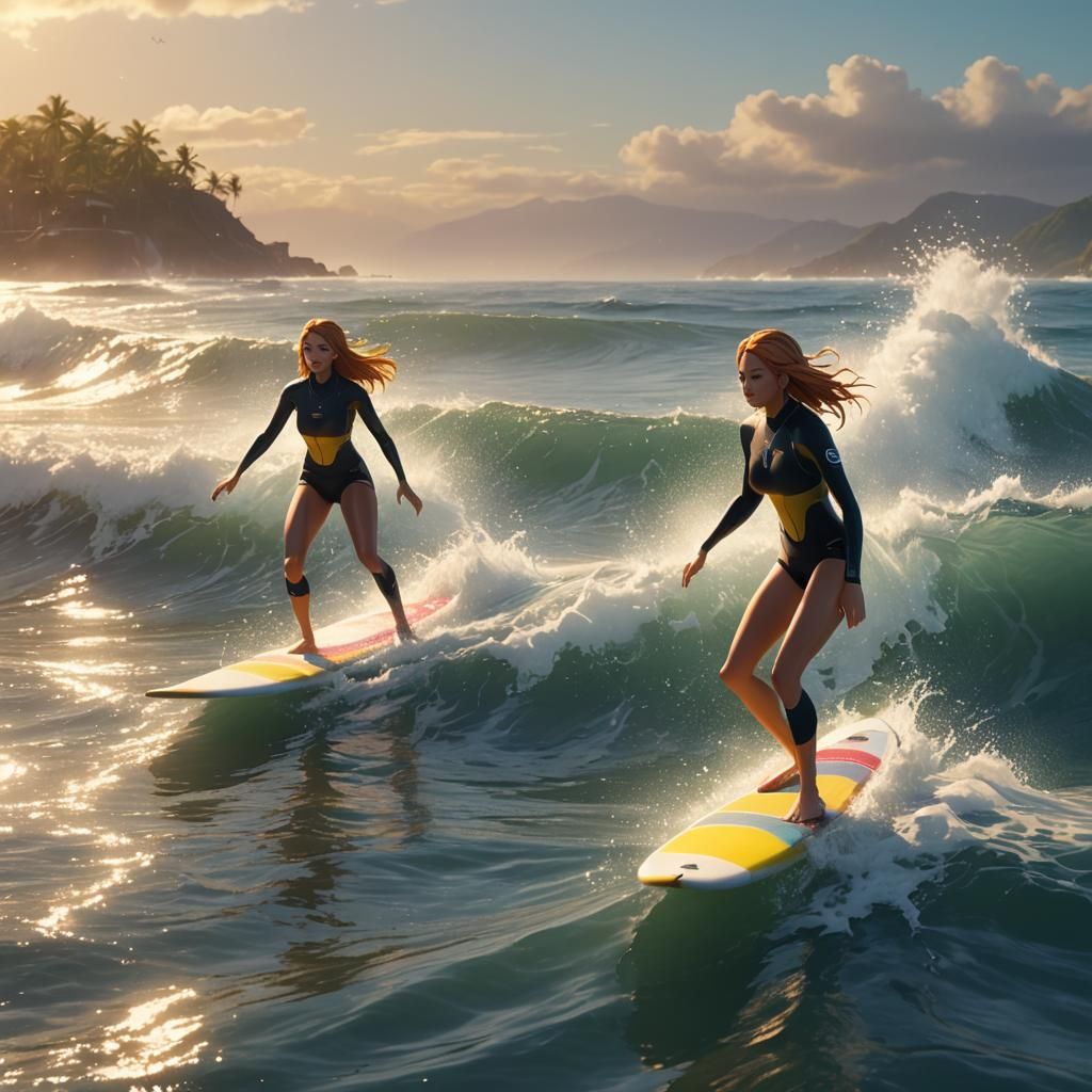 Anime Style Girls Surfing on Ocean Waves